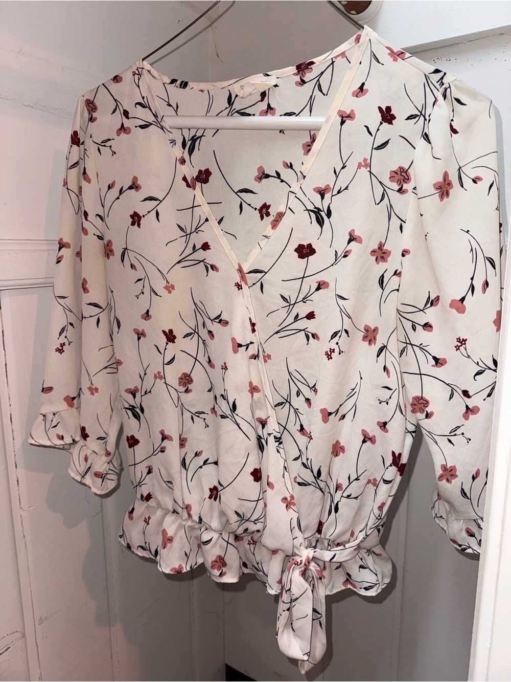 Sienna Sky Cream Floral Tie-Front Blouse with Pink & Red Blossoms